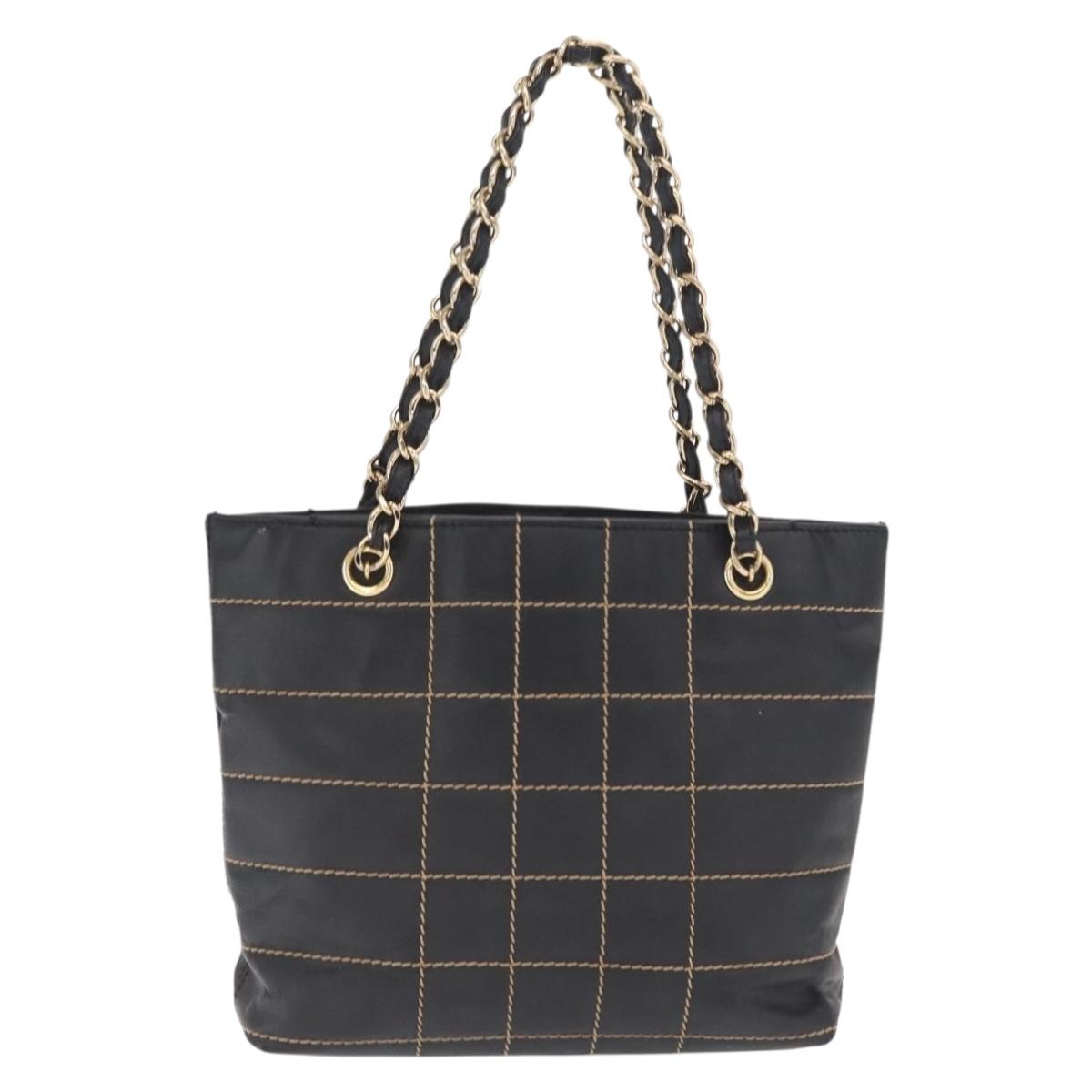 CHANEL Choco Bar Chain Hand Bag Leather Black Gold CC Auth BA10362