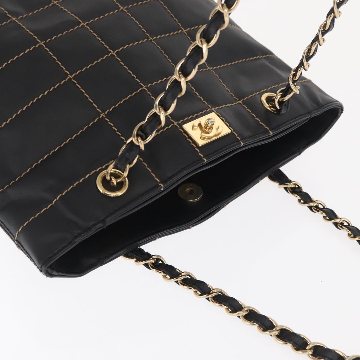 CHANEL Choco Bar Chain Hand Bag Leather Black Gold CC Auth BA10362