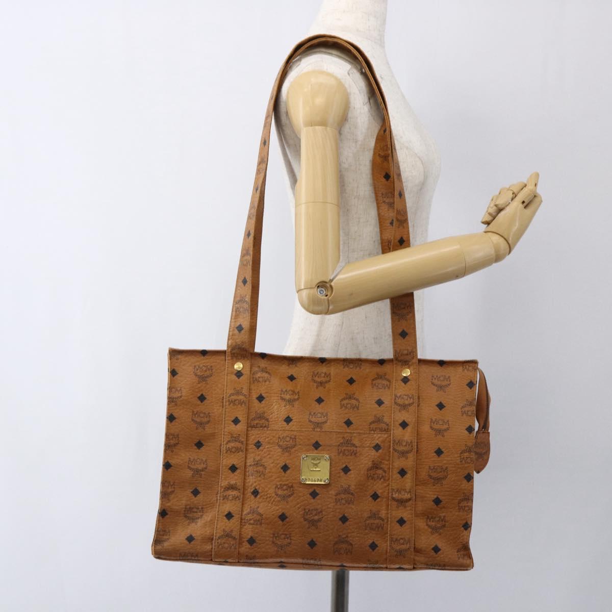 MCM Logogram Vicetos Tote Bag PVC Brown Gold Auth BA10363