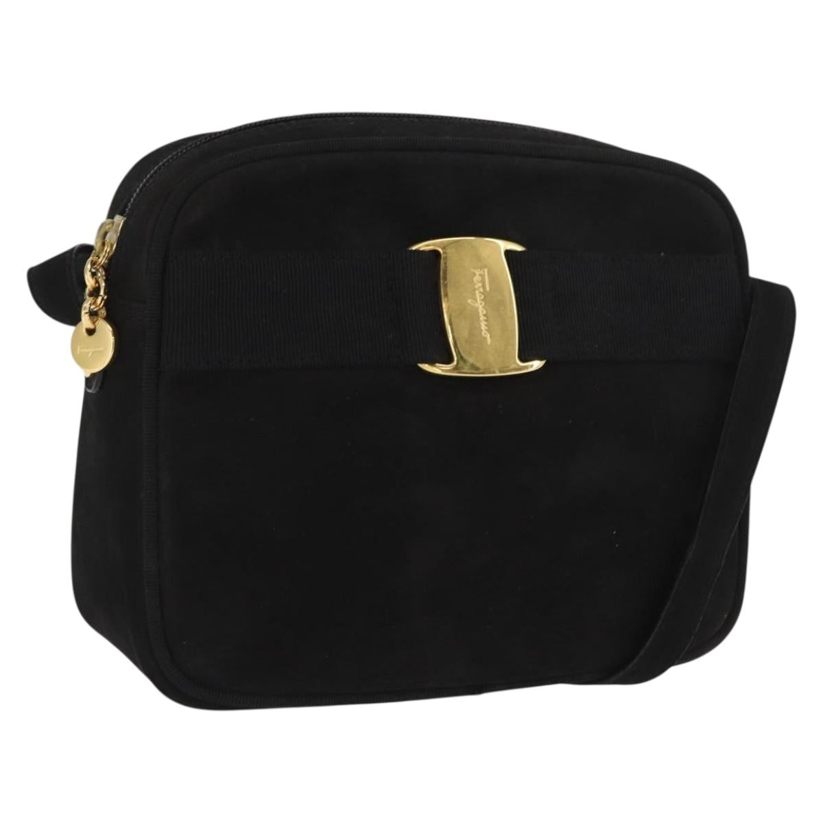 Salvatore Ferragamo Vala Shoulder Bag Suede Black Gold Auth BA10372