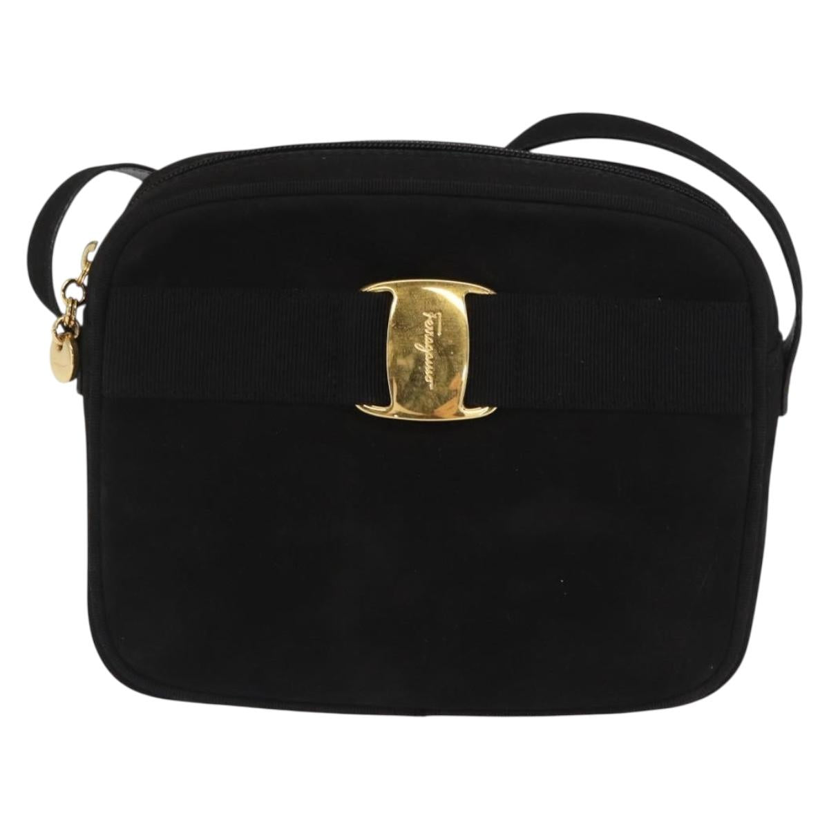 Salvatore Ferragamo Vala Shoulder Bag Suede Black Gold Auth BA10372