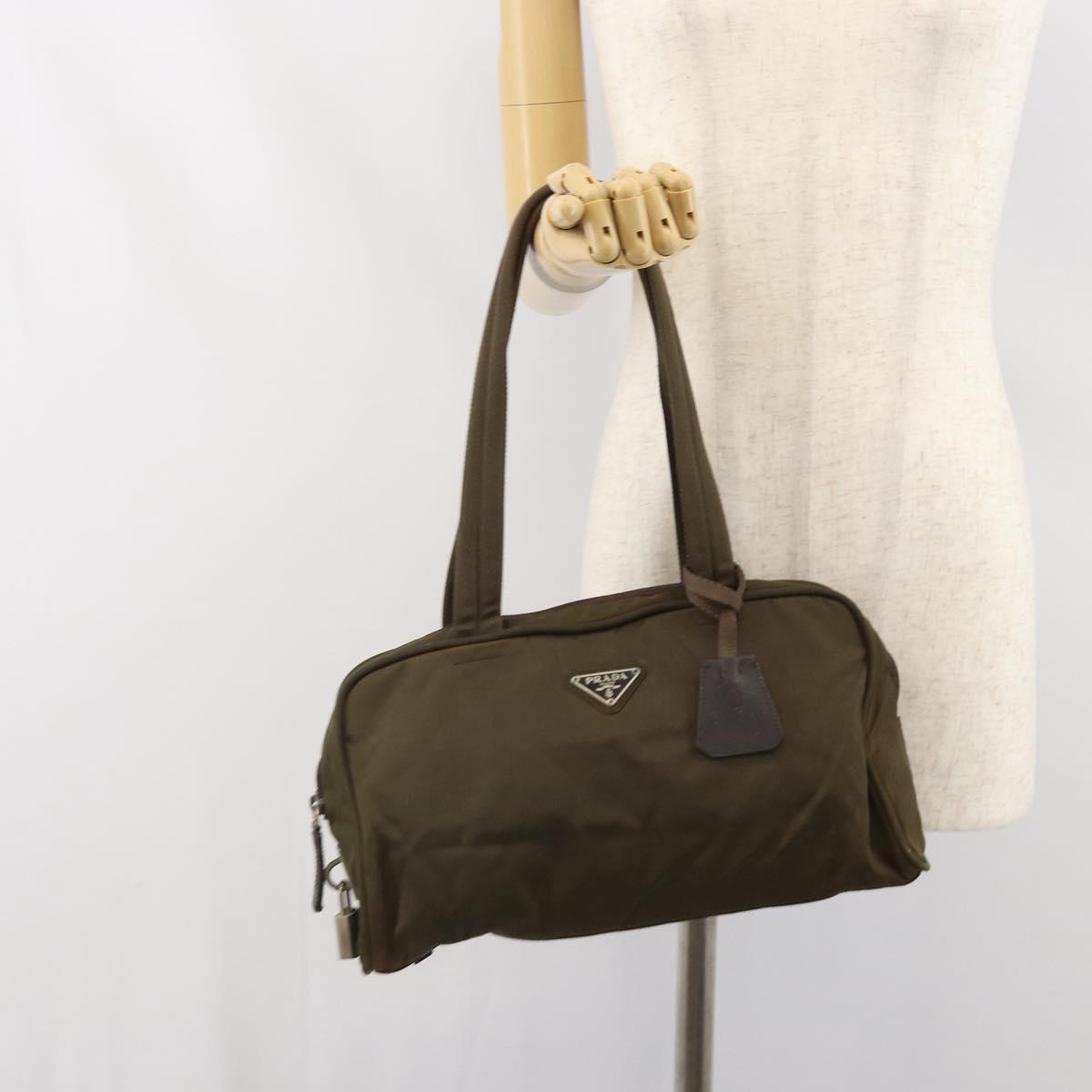 PRADA Hand Bag Nylon Khaki Silver Auth BA10374