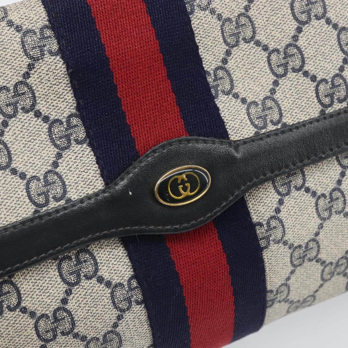 GUCCI GG Supreme Sherry Line Clutch Bag PVC Navy Gold 010 378 Auth BA10399