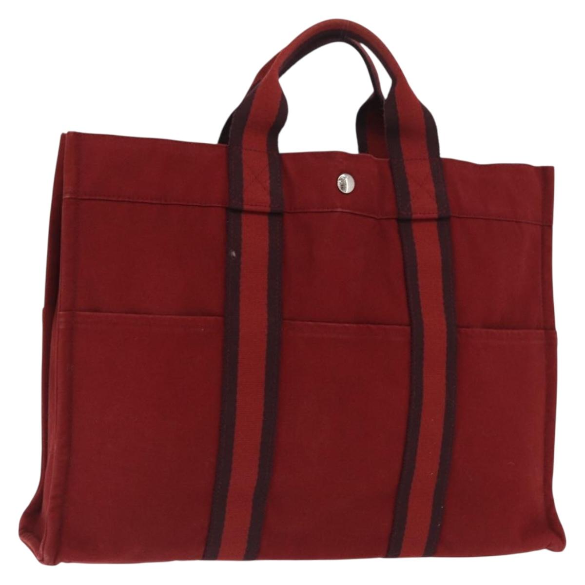 HERMES Fourre Tout MM Hand Bag Canvas Red Silver Auth BA10410