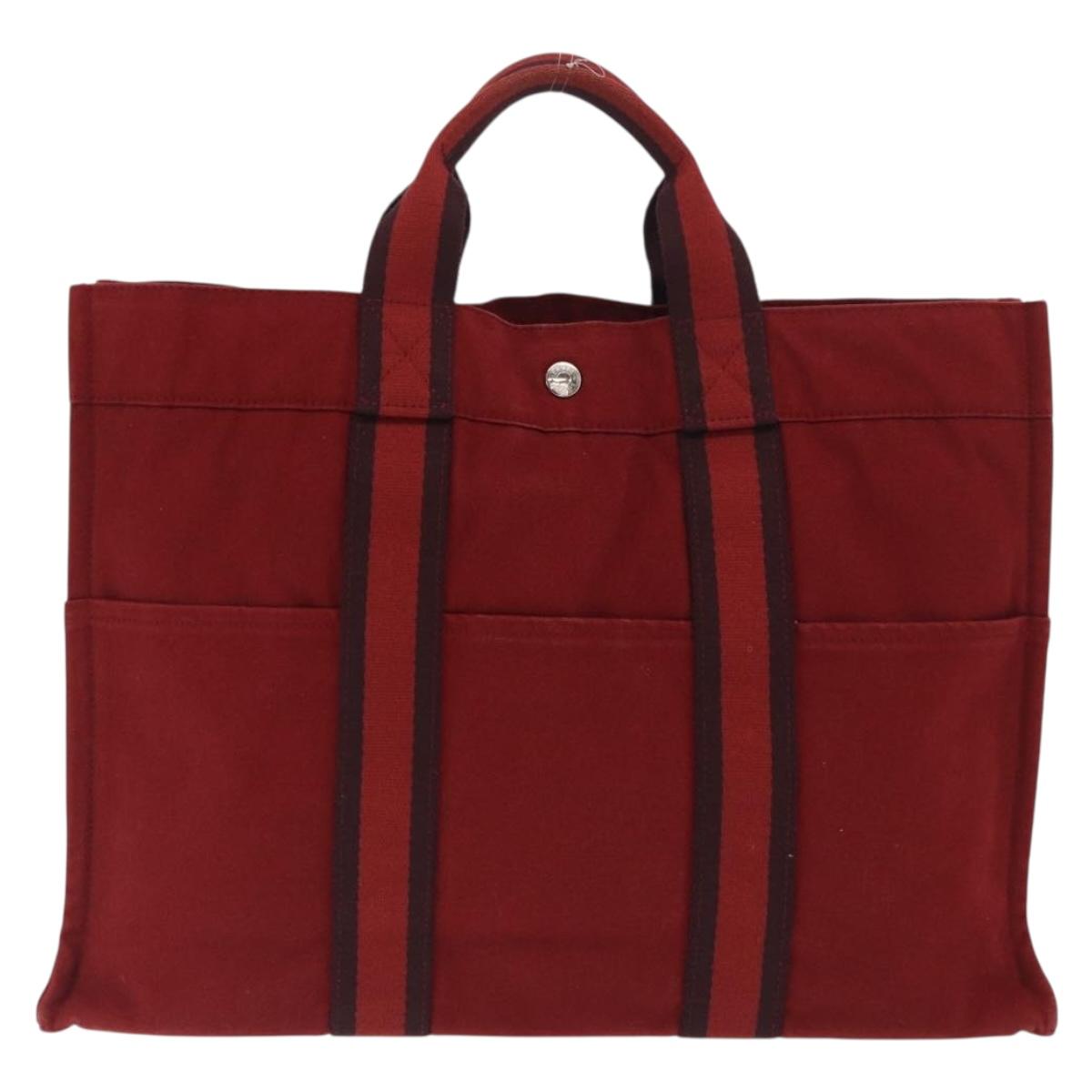 HERMES Fourre Tout MM Hand Bag Canvas Red Silver Auth BA10410
