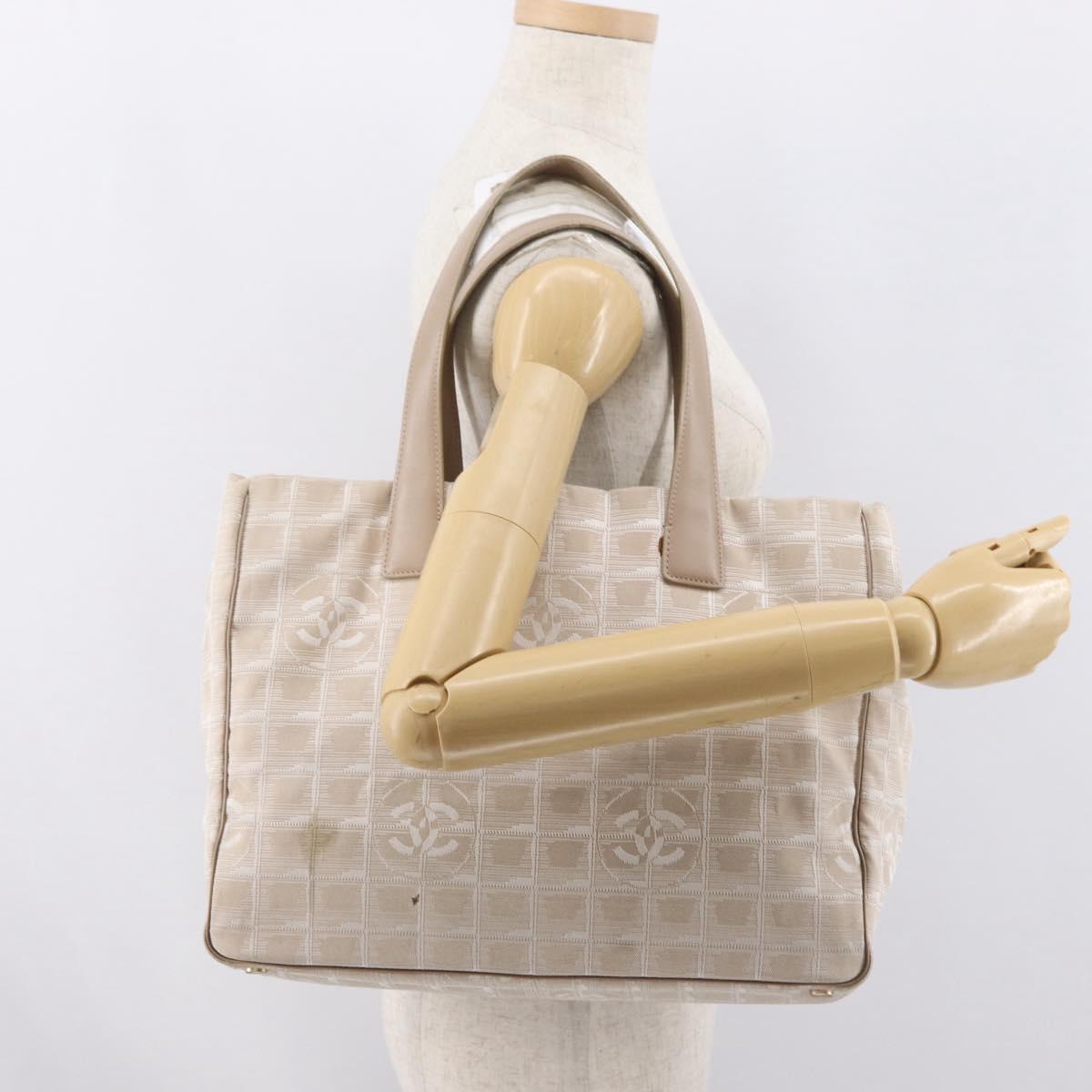 CHANEL New Travel Line Tote Bag Nylon Beige Gold CC Auth BA10414