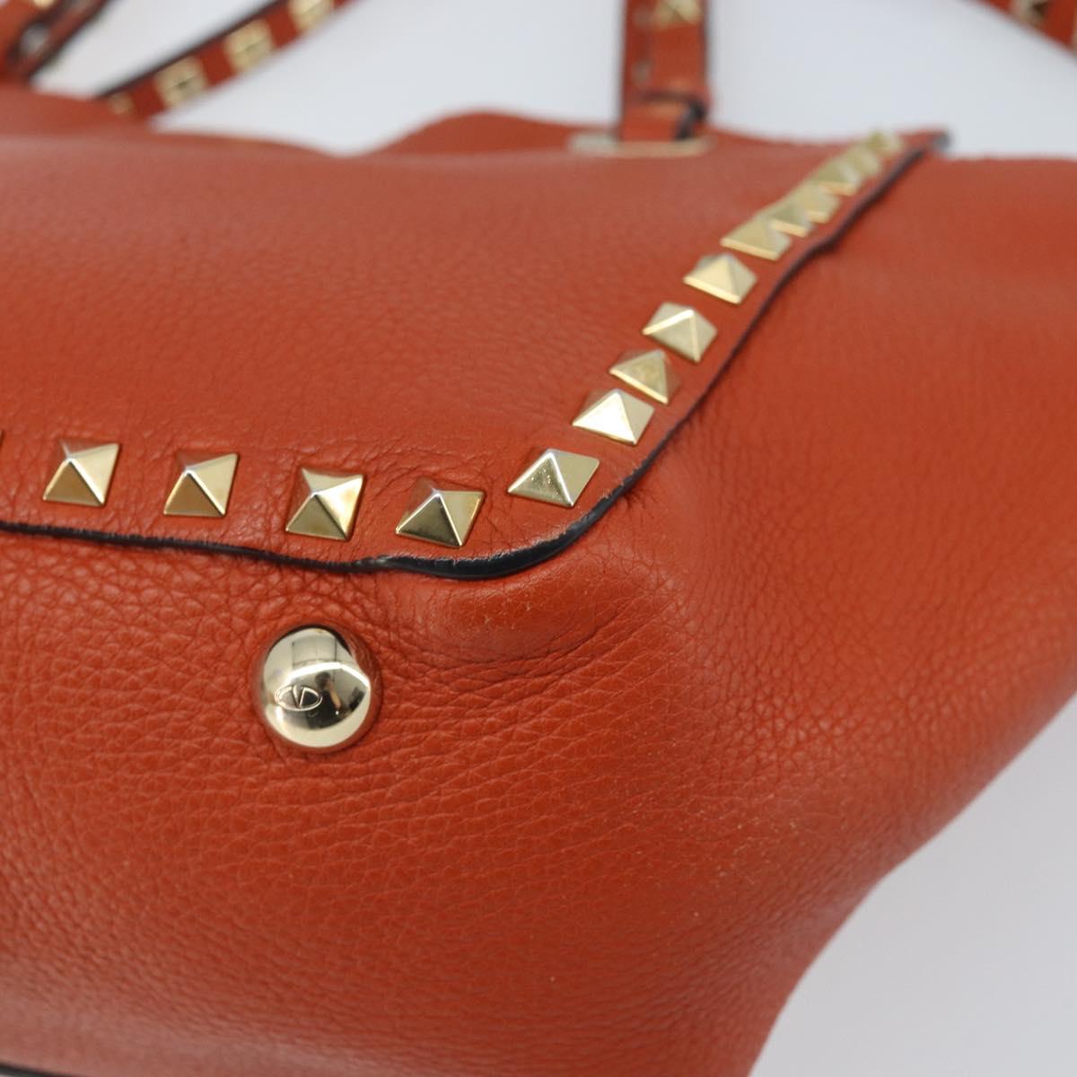 VALENTINO Tote Bag Leather 2way Orange Gold Auth BA10422