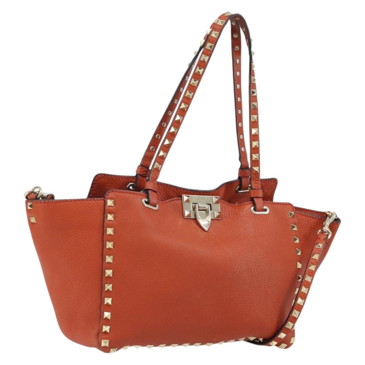 VALENTINO Tote Bag Leather 2way Orange Gold Auth BA10422