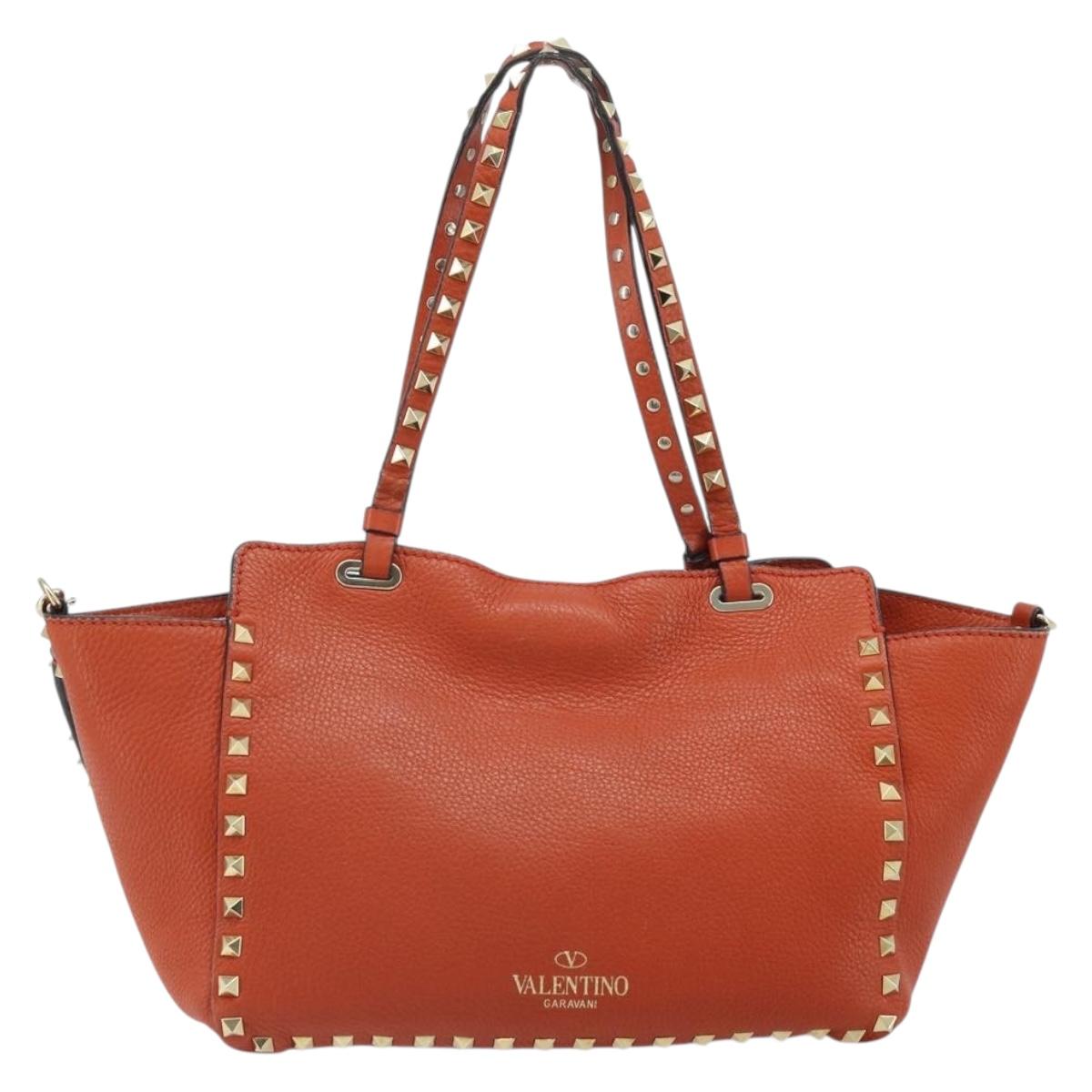VALENTINO Tote Bag Leather 2way Orange Gold Auth BA10422