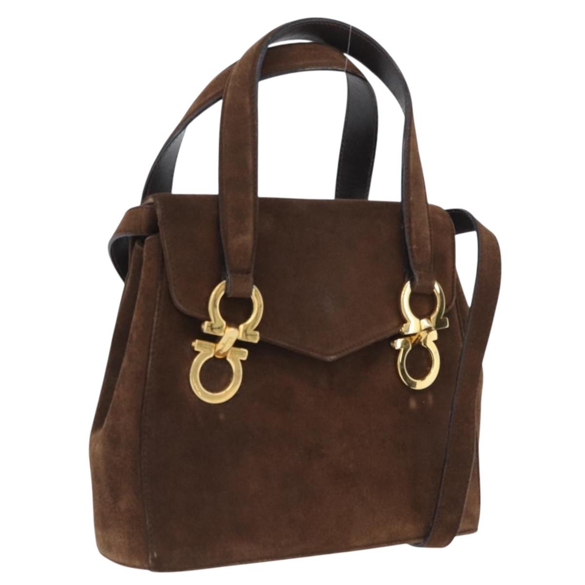 Salvatore Ferragamo Gancini Hand Bag Suede 2way Brown Gold Auth BA10426