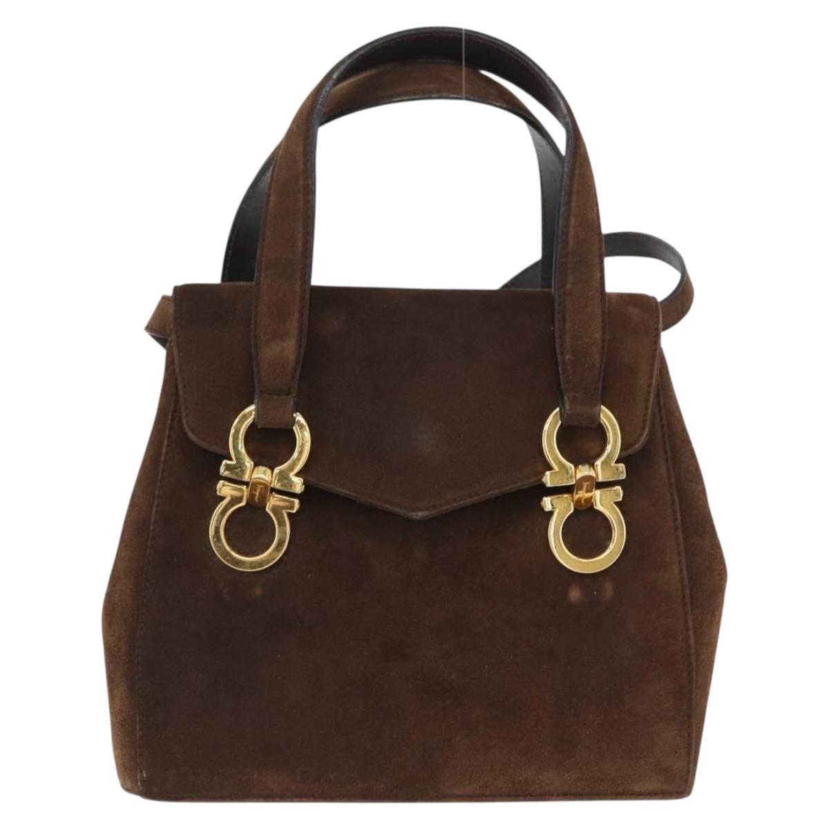 Salvatore Ferragamo Gancini Hand Bag Suede 2way Brown Gold Auth BA10426