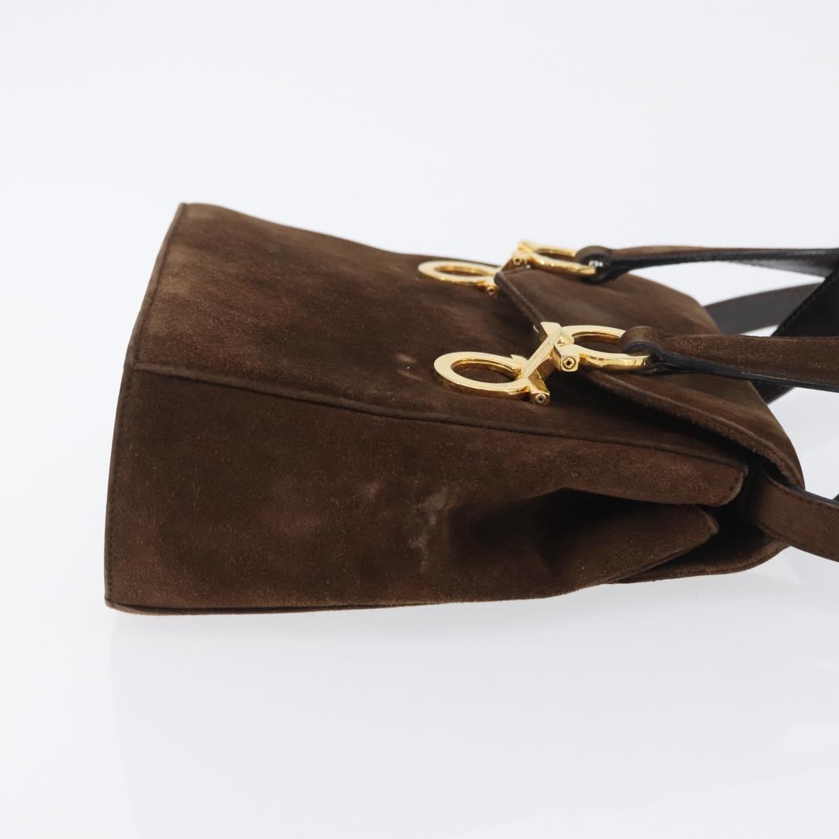 Salvatore Ferragamo Gancini Hand Bag Suede 2way Brown Gold Auth BA10426