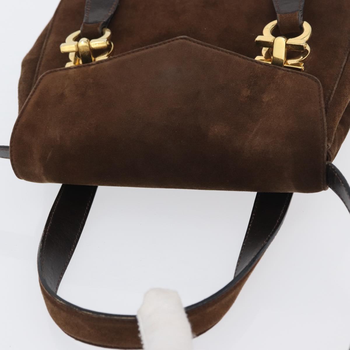 Salvatore Ferragamo Gancini Hand Bag Suede 2way Brown Gold Auth BA10426