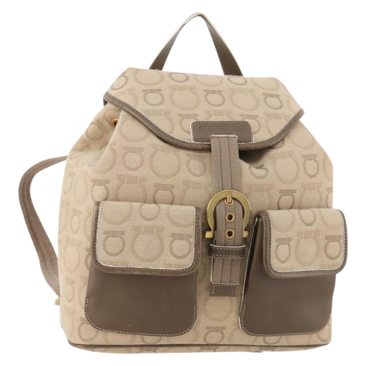 Salvatore Ferragamo Gancini Backpack Canvas Beige Gold Auth BA10432