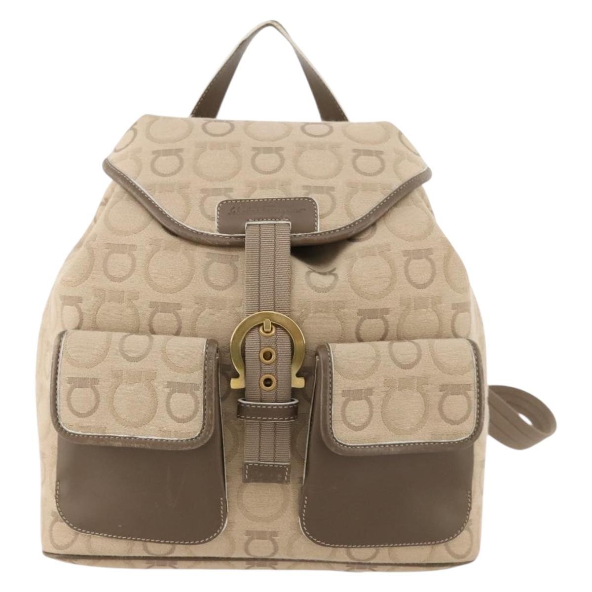 Salvatore Ferragamo Gancini Backpack Canvas Beige Gold Auth BA10432