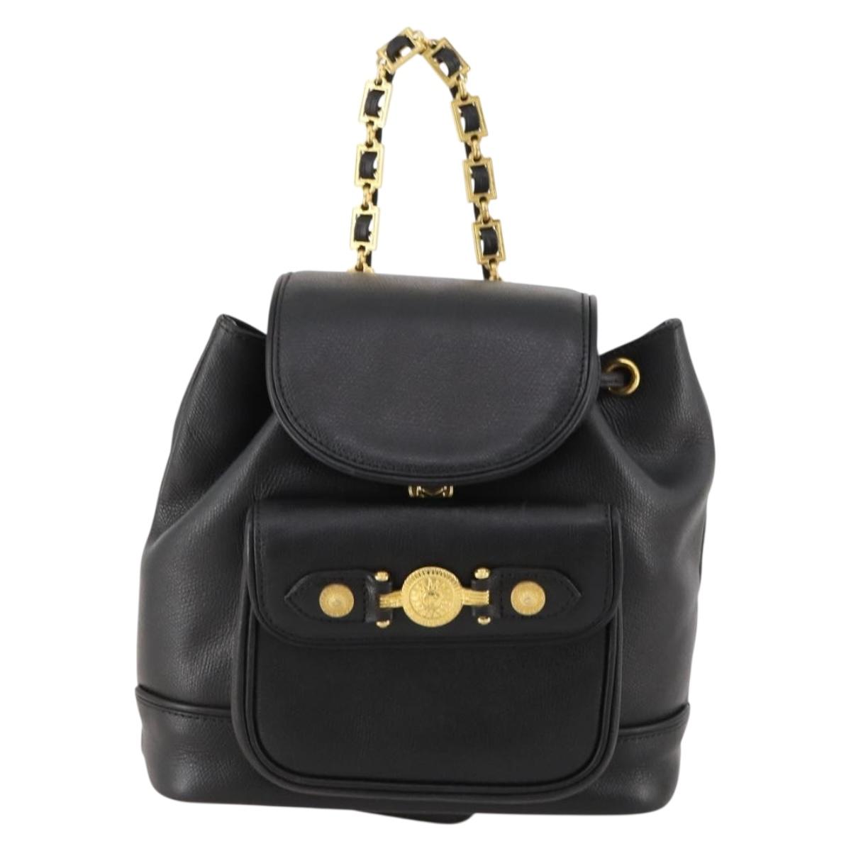 Gianni Versace Backpack Leather Black Gold Auth BA10433