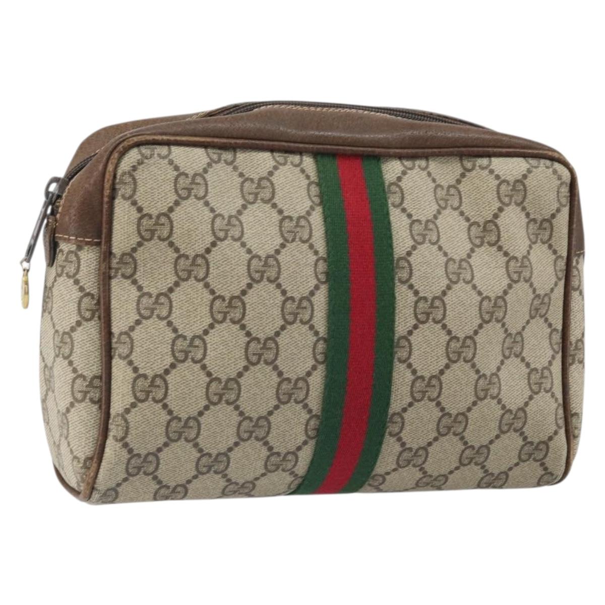 GUCCI GG Supreme Web Sherry Line Clutch Bag PVC Beige Gold Auth BA10450