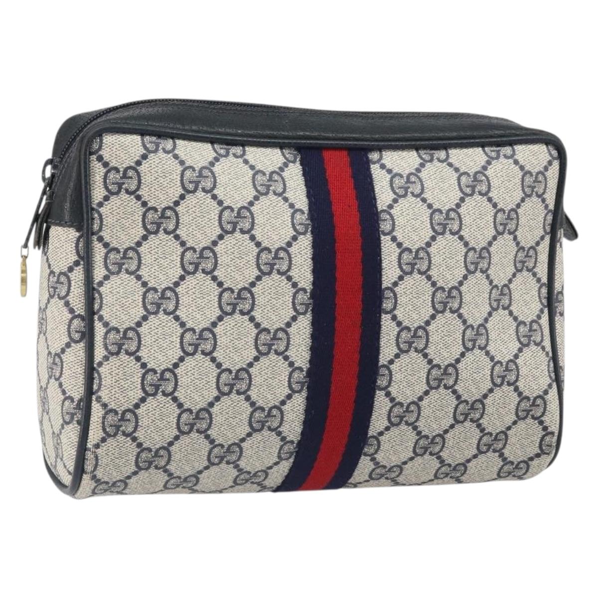 GUCCI GG Supreme Sherry Line Clutch Bag PVC Navy Gold 56 01 012 Auth BA10451