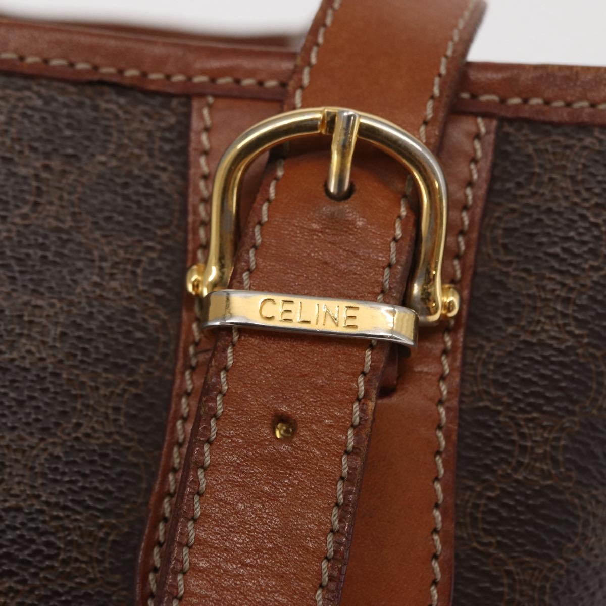 CELINE Macadam Canvas Tote Bag PVC Leather Brown Gold Auth BA10478