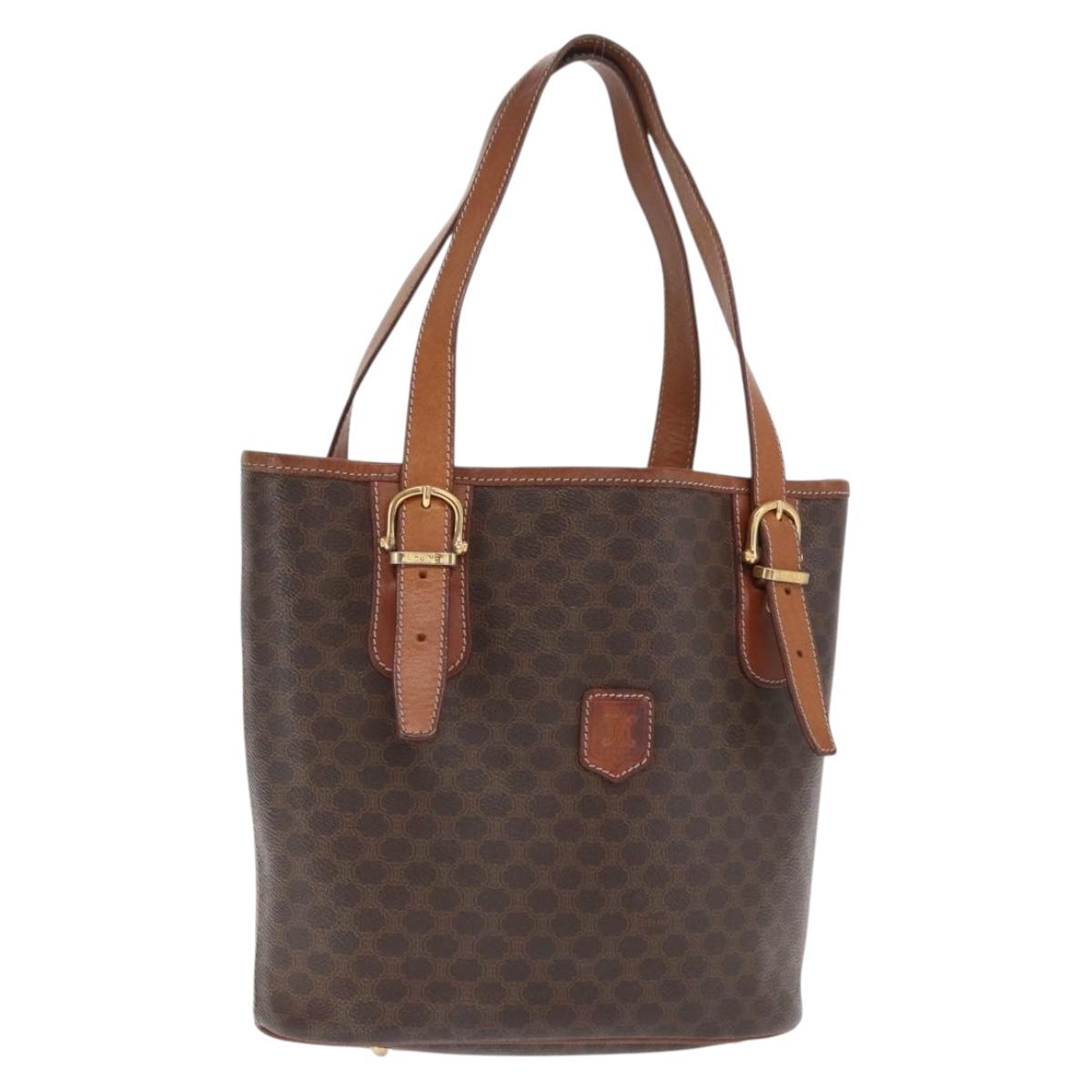 CELINE Macadam Canvas Tote Bag PVC Leather Brown Gold Auth BA10478