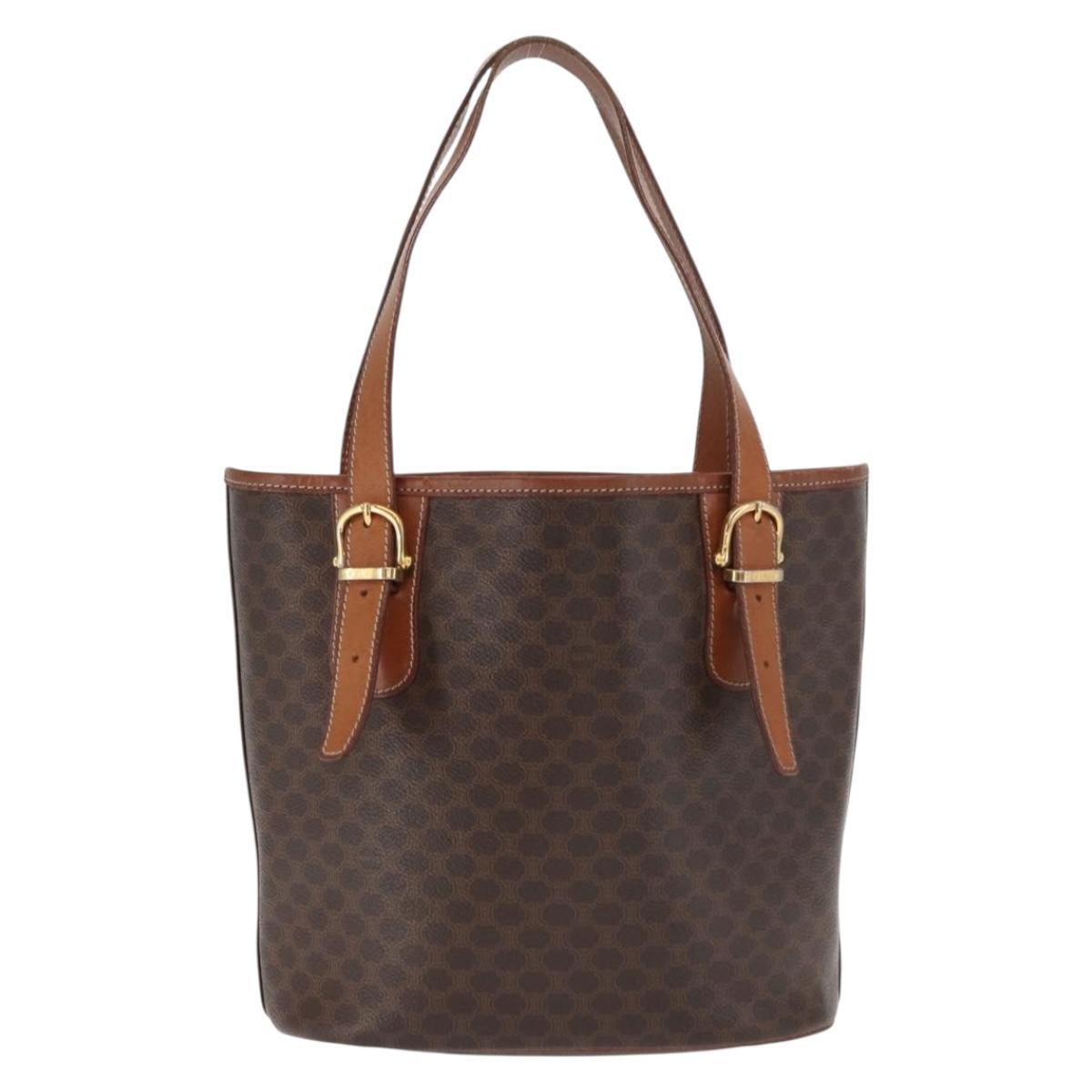 CELINE Macadam Canvas Tote Bag PVC Leather Brown Gold Auth BA10478