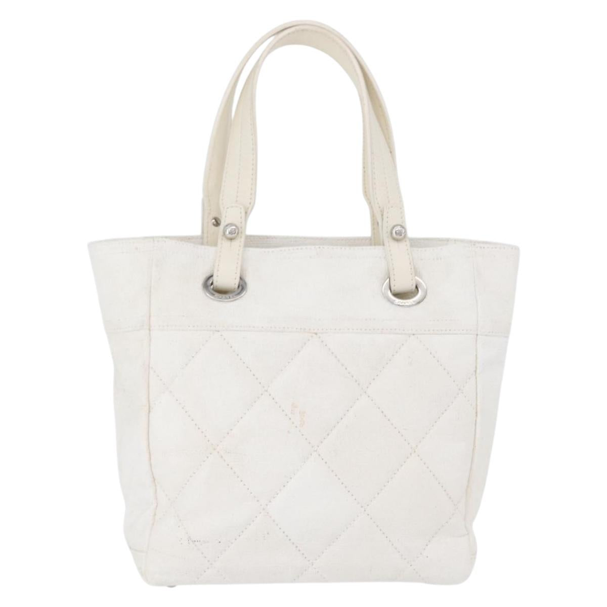 CHANEL Tote Bag Leather Silver White CC Auth BA10495