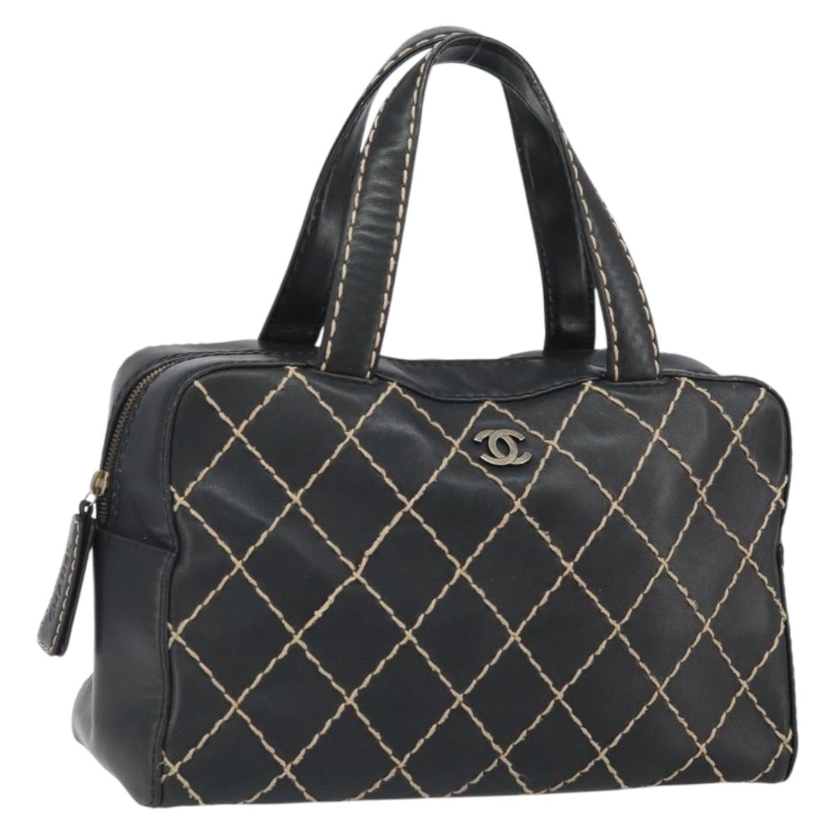 CHANEL Wild Stitch Hand Bag Leather Black Gold CC Auth BA10500V