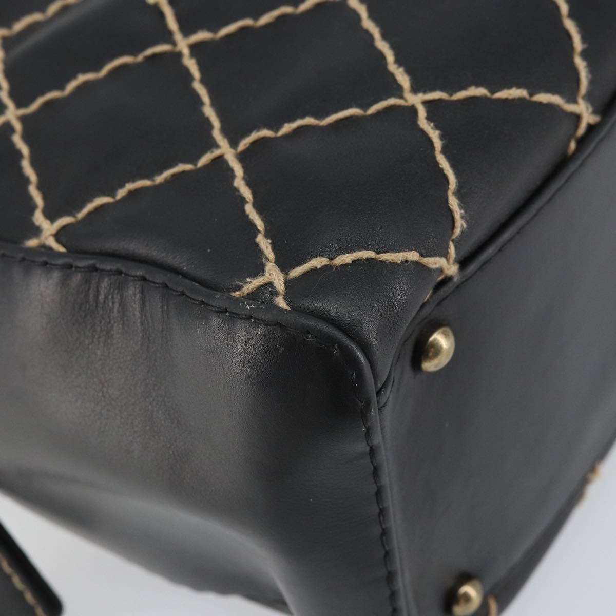 CHANEL Wild Stitch Hand Bag Leather Black Gold CC Auth BA10500V