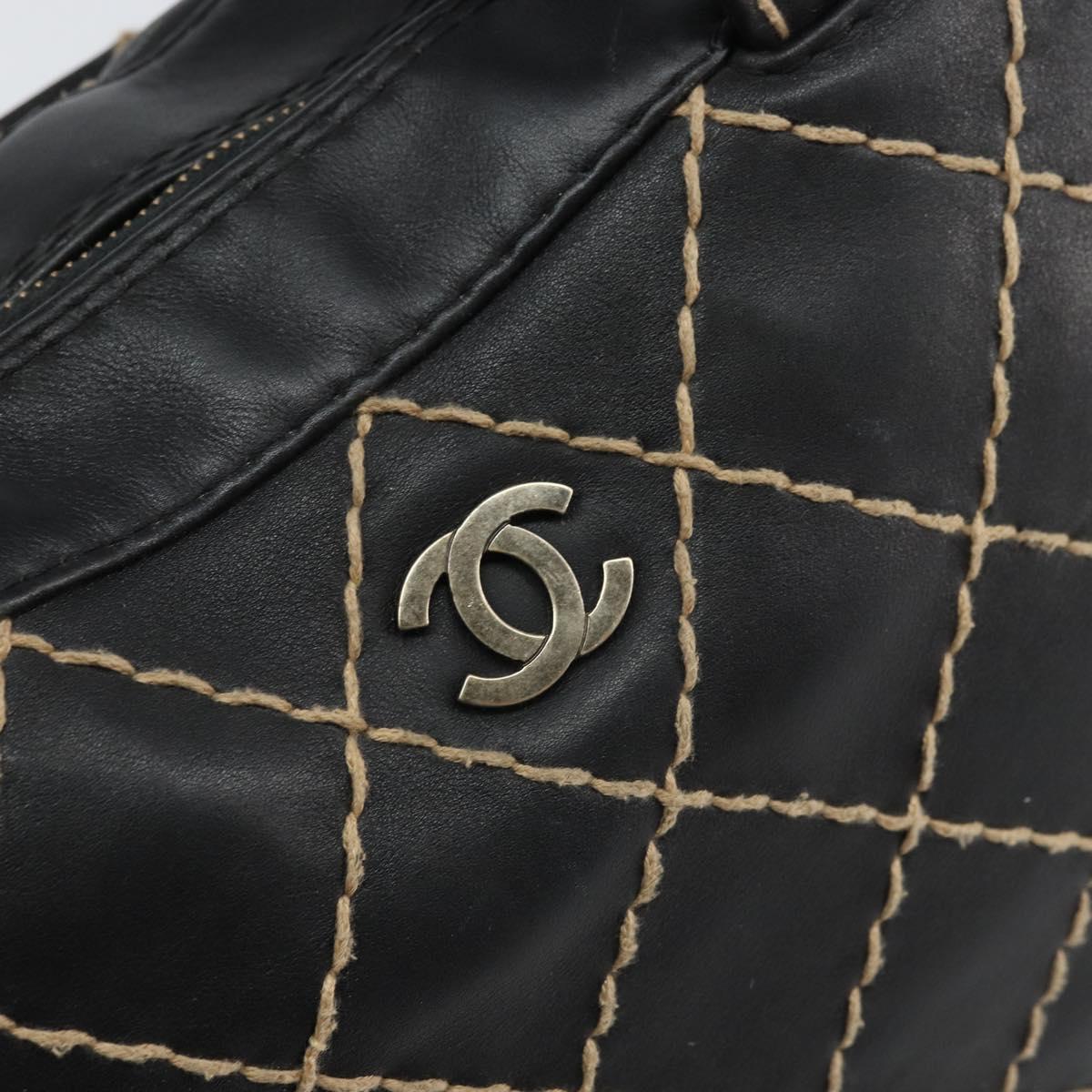 CHANEL Wild Stitch Hand Bag Leather Black Gold CC Auth BA10500V