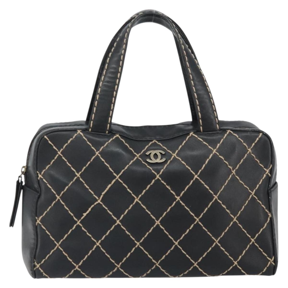 CHANEL Wild Stitch Hand Bag Leather Black Gold CC Auth BA10500V