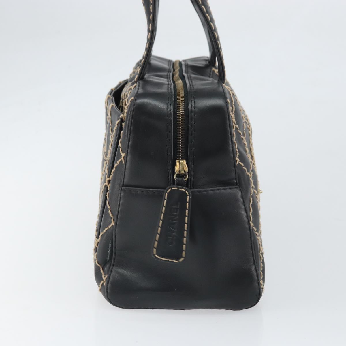 CHANEL Wild Stitch Hand Bag Leather Black Gold CC Auth BA10500V