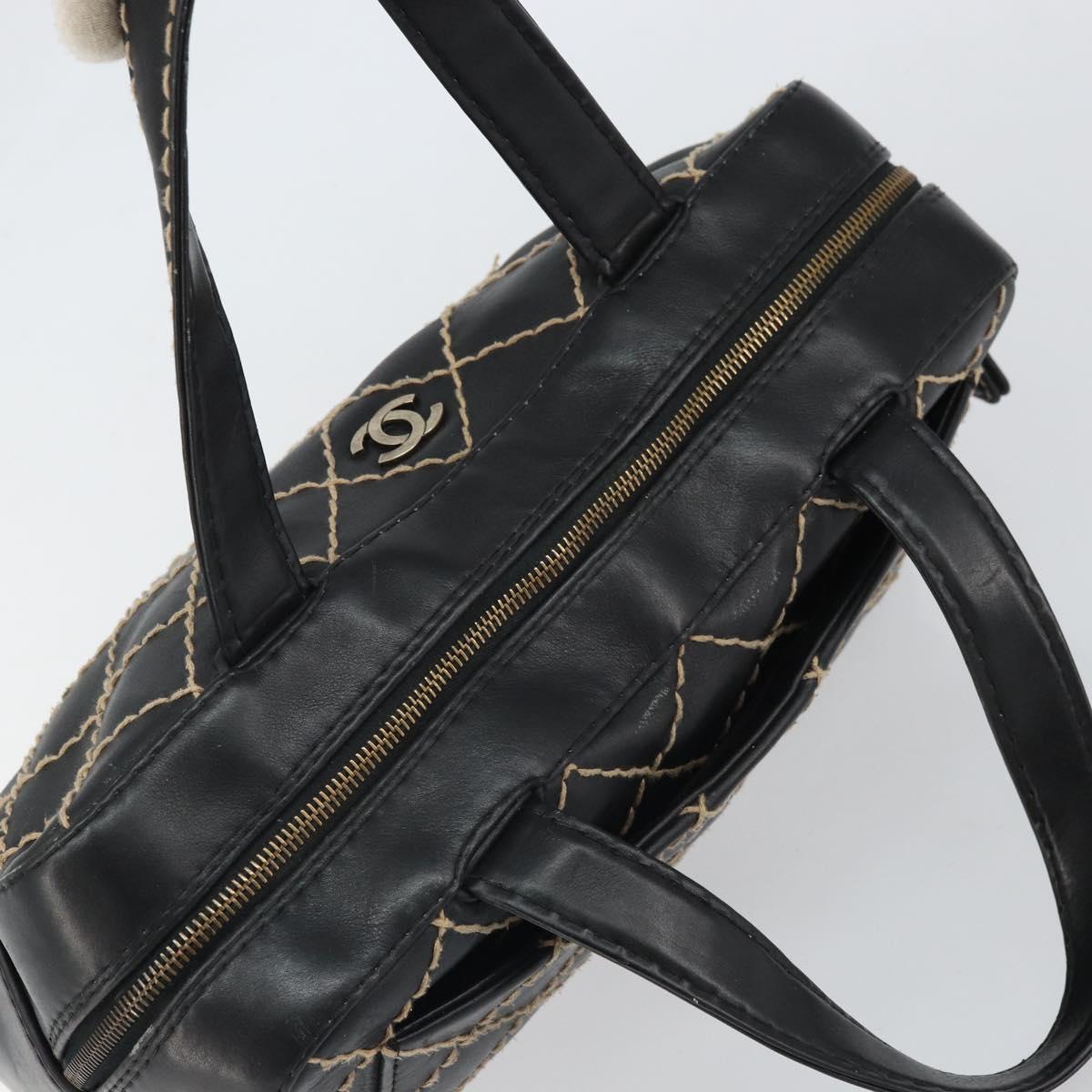 CHANEL Wild Stitch Hand Bag Leather Black Gold CC Auth BA10500V