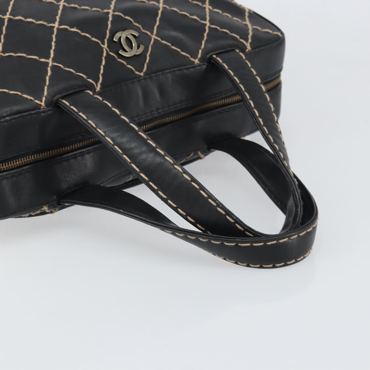 CHANEL Wild Stitch Hand Bag Leather Black Gold CC Auth BA10500V