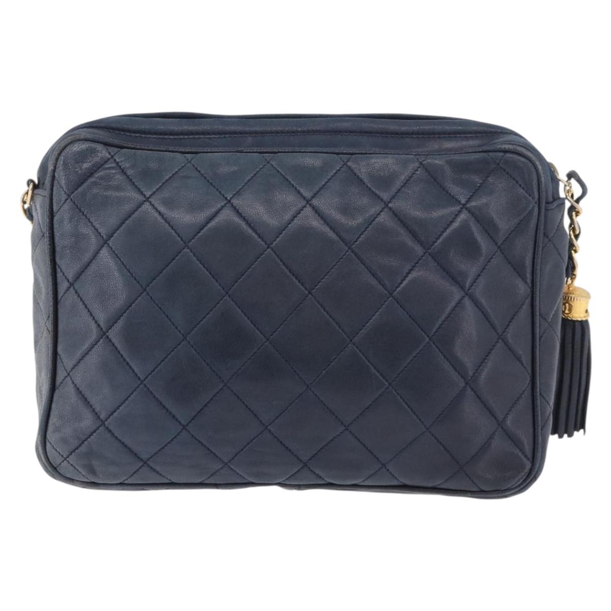 CHANEL Matelasse Chain Shoulder Bag Lamb Skin Navy Gold CC Auth BA10507