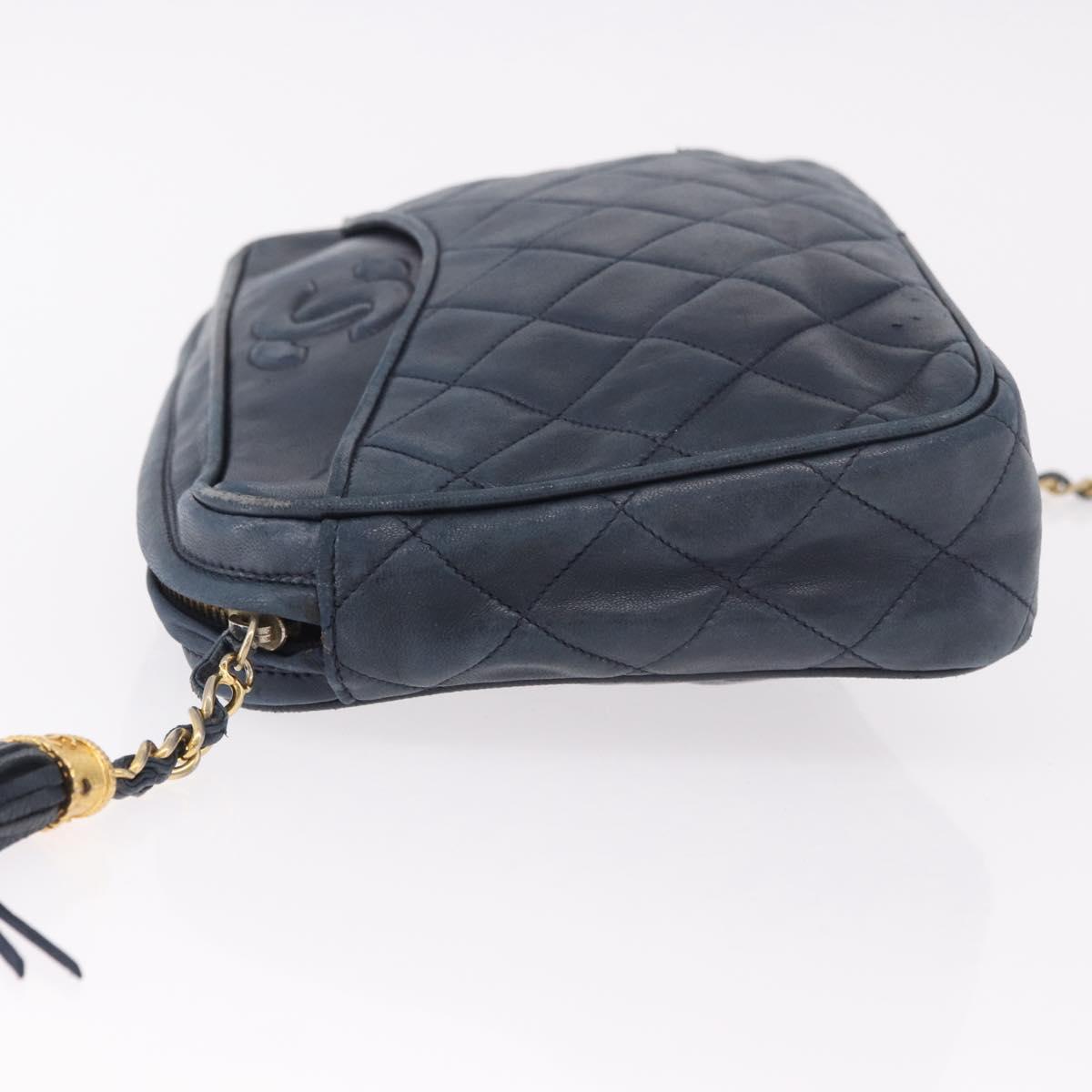 CHANEL Matelasse Chain Shoulder Bag Lamb Skin Navy Gold CC Auth BA10507