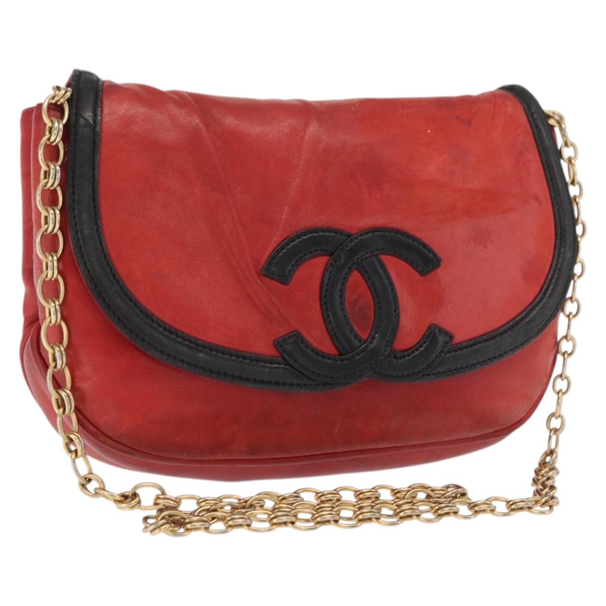 CHANEL Chain Shoulder Bag Lamb Skin Red Gold CC Auth BA10508