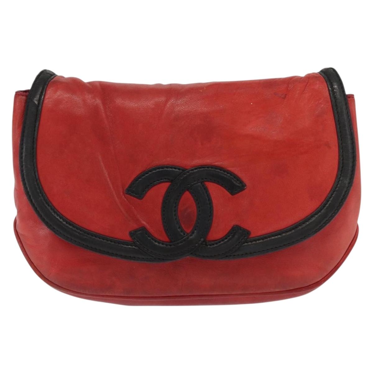 CHANEL Chain Shoulder Bag Lamb Skin Red Gold CC Auth BA10508