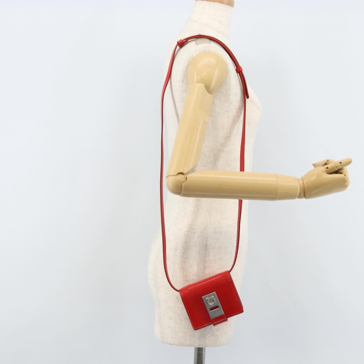 Salvatore Ferragamo Gancini Shoulder Bag Leather Red Silver Auth BA10529