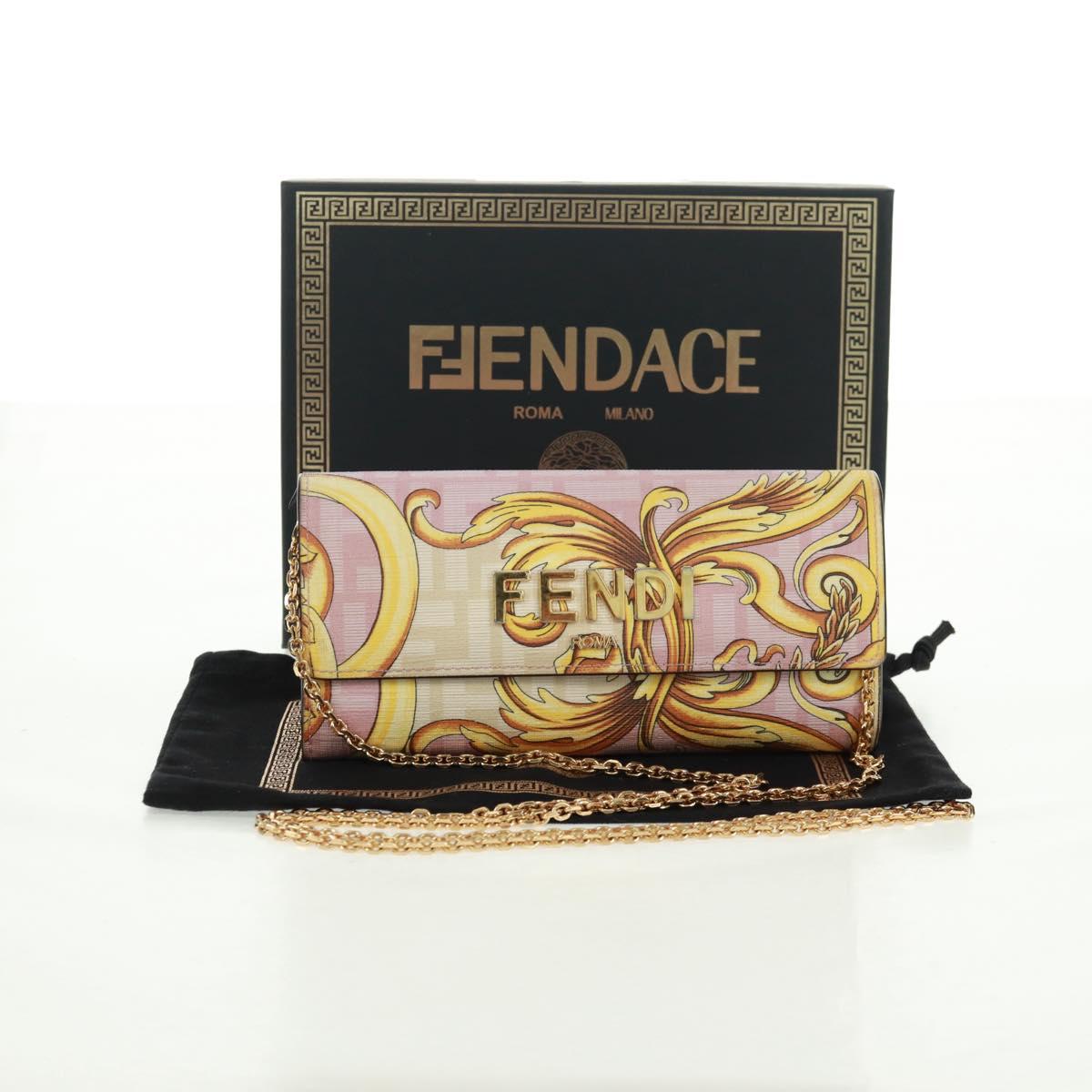 FENDI Chain Wallet Fendace Versace Collaboration PVC Pink Gold Auth BA10530SAV