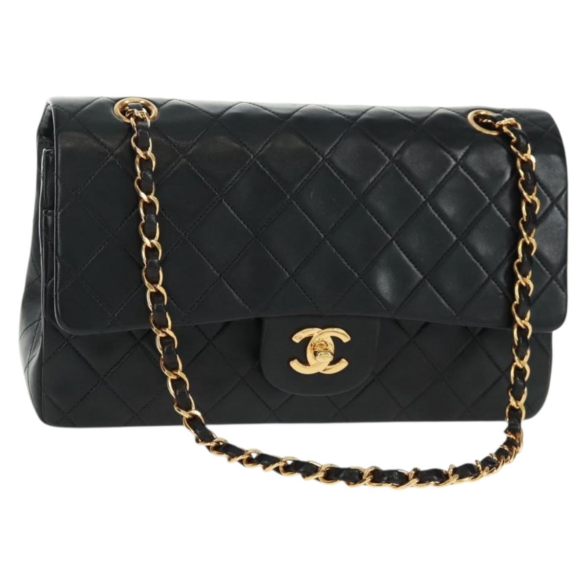 CHANEL Matelasse 25 Double Flap Chain Bag Lamb Skin Black Gold CC Auth BA10555SM