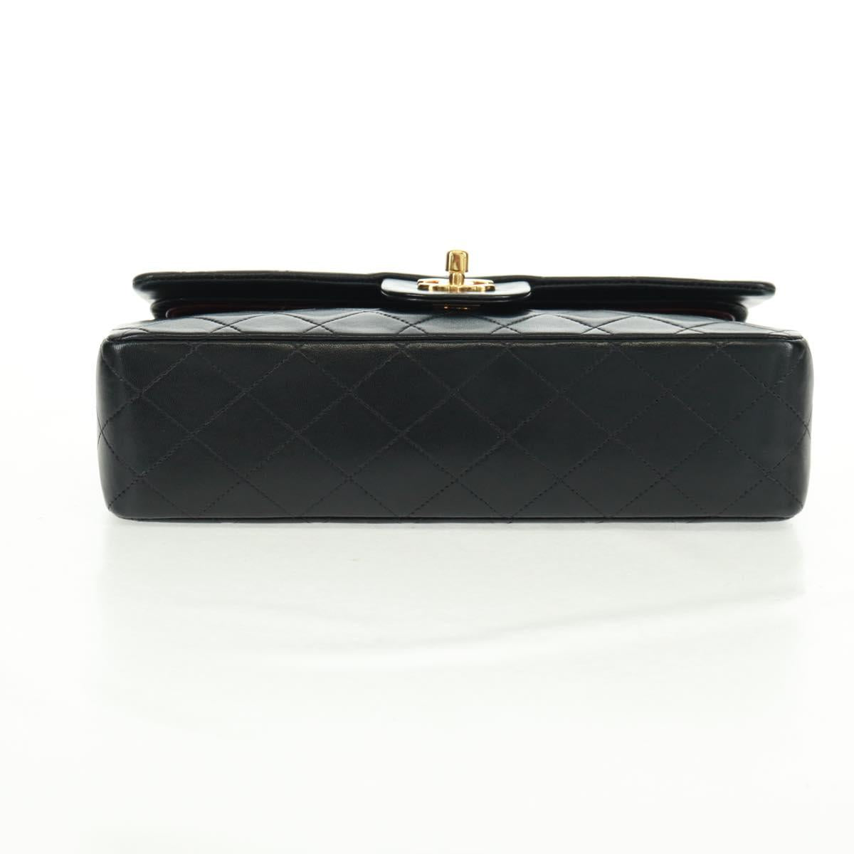 CHANEL Matelasse 25 Double Flap Chain Bag Lamb Skin Black Gold CC Auth BA10555SM