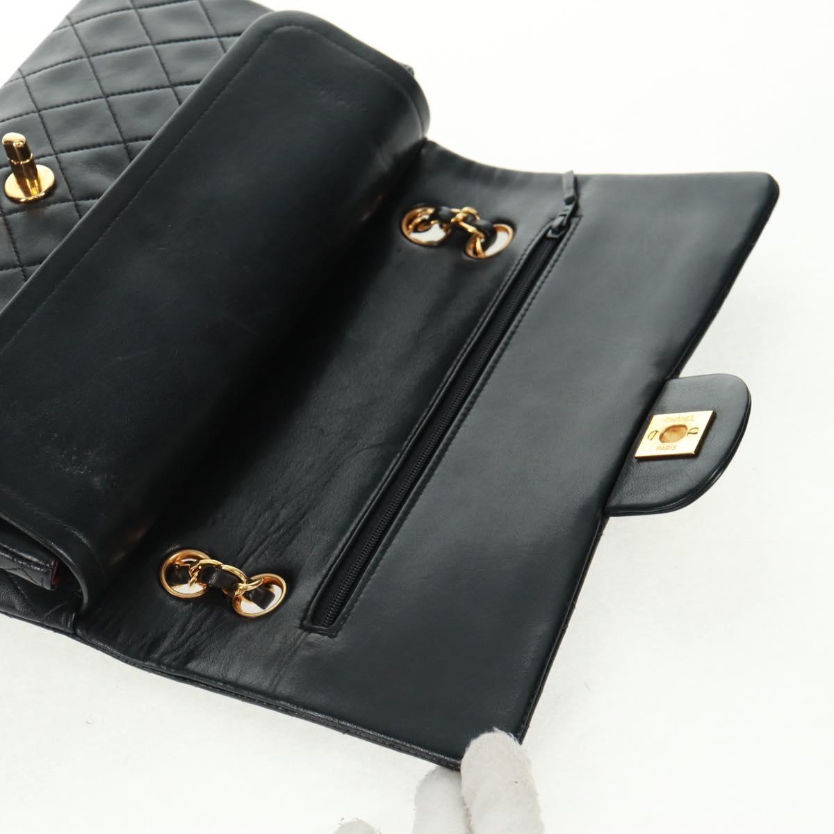 CHANEL Matelasse 25 Double Flap Chain Bag Lamb Skin Black Gold CC Auth BA10555SM