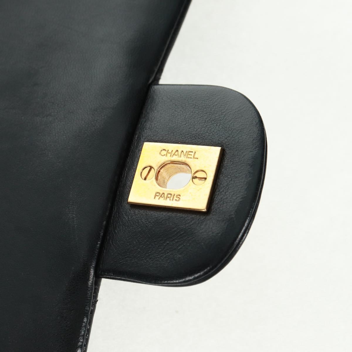 CHANEL Matelasse 25 Double Flap Chain Bag Lamb Skin Black Gold CC Auth BA10555SM