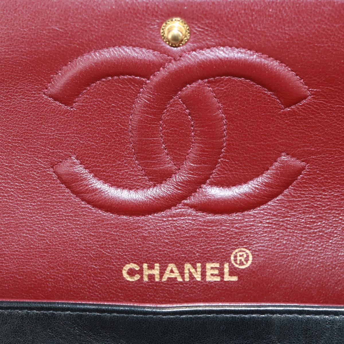 CHANEL Matelasse 25 Double Flap Chain Bag Lamb Skin Black Gold CC Auth BA10555SM