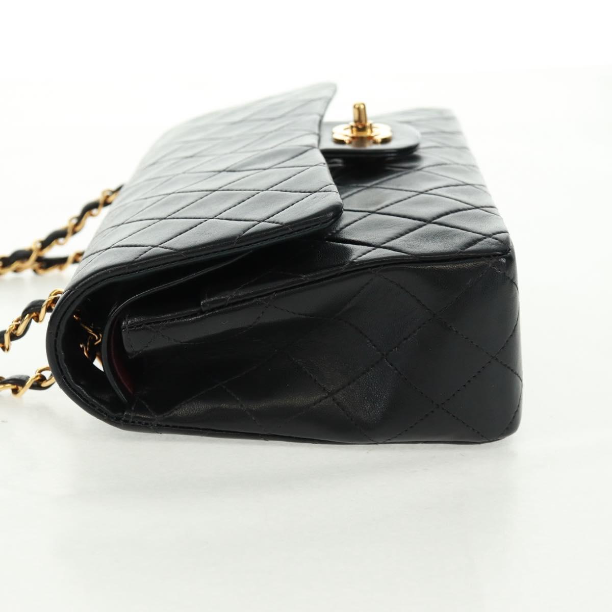 CHANEL Matelasse 25 Double Flap Chain Bag Lamb Skin Black Gold CC Auth BA10555SM