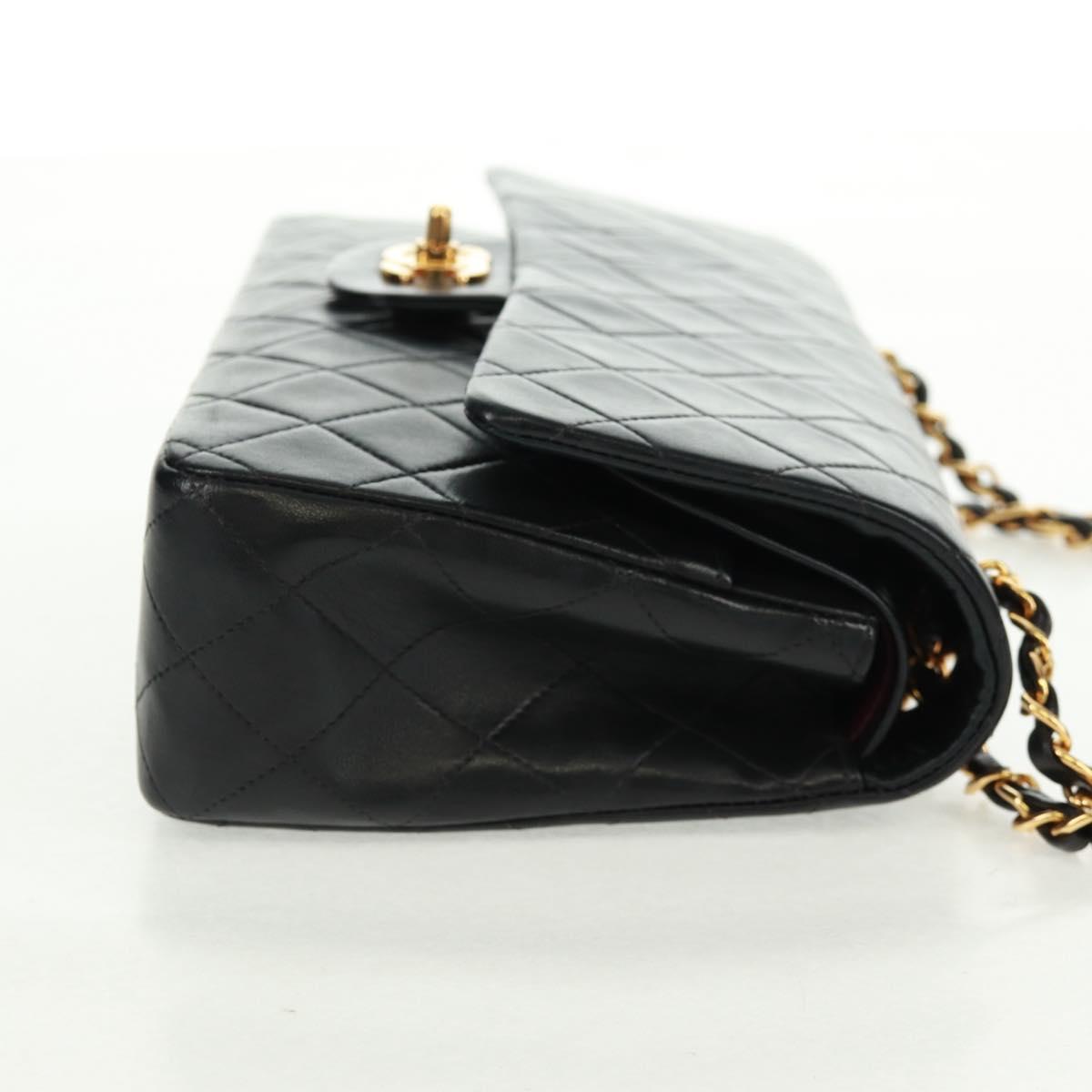 CHANEL Matelasse 25 Double Flap Chain Bag Lamb Skin Black Gold CC Auth BA10555SM