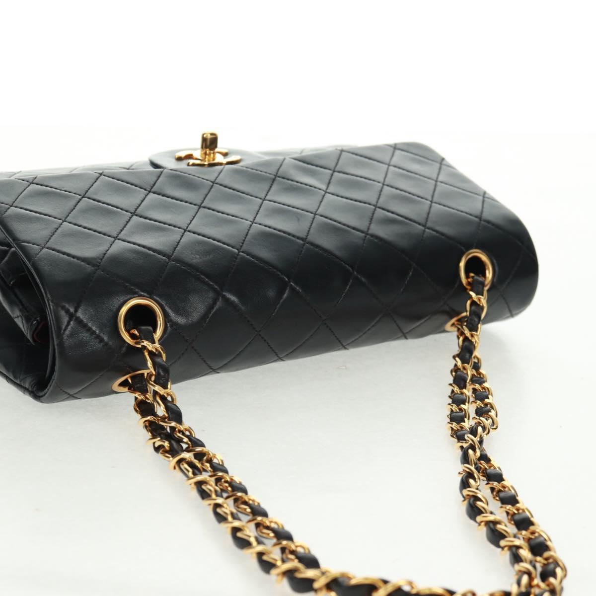CHANEL Matelasse 25 Double Flap Chain Bag Lamb Skin Black Gold CC Auth BA10555SM