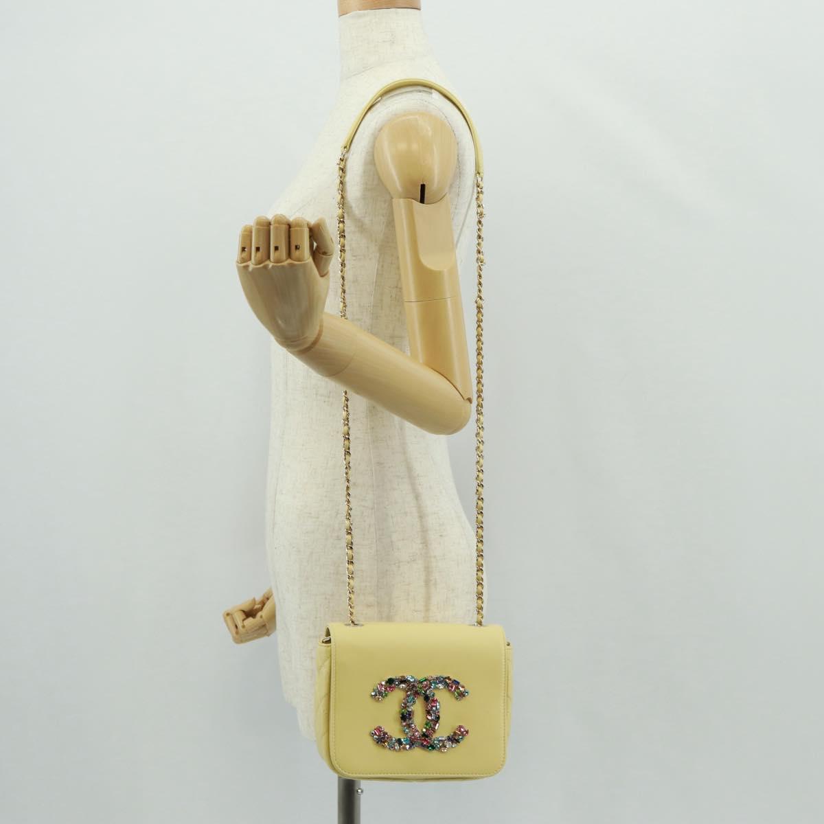 CHANEL Matelasse Chain Shoulder Bag Lamb Skin Yellow Gold CC Auth BA10556SM
