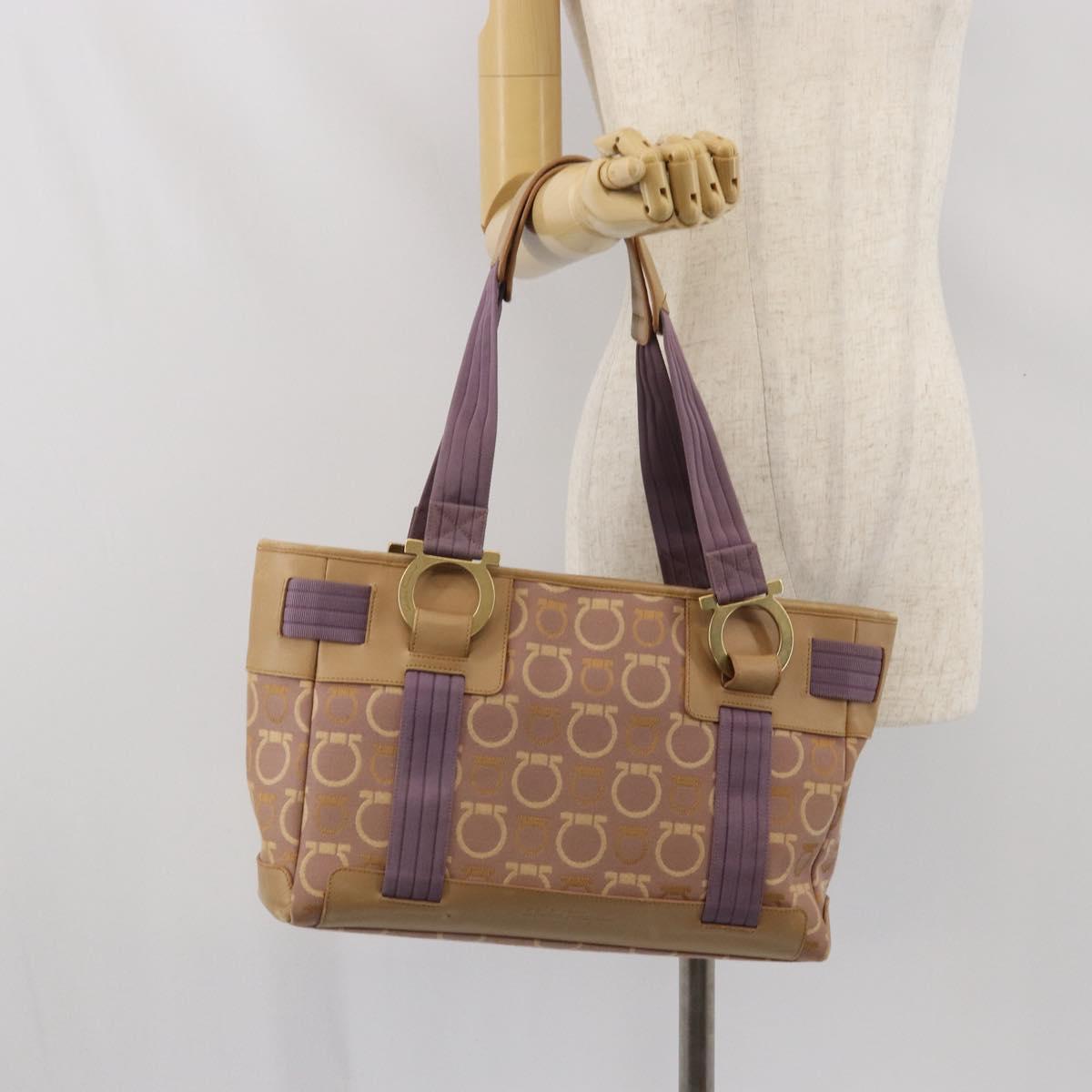 Salvatore Ferragamo Gancini Tote Bag Canvas Purple Gold Auth BA10562