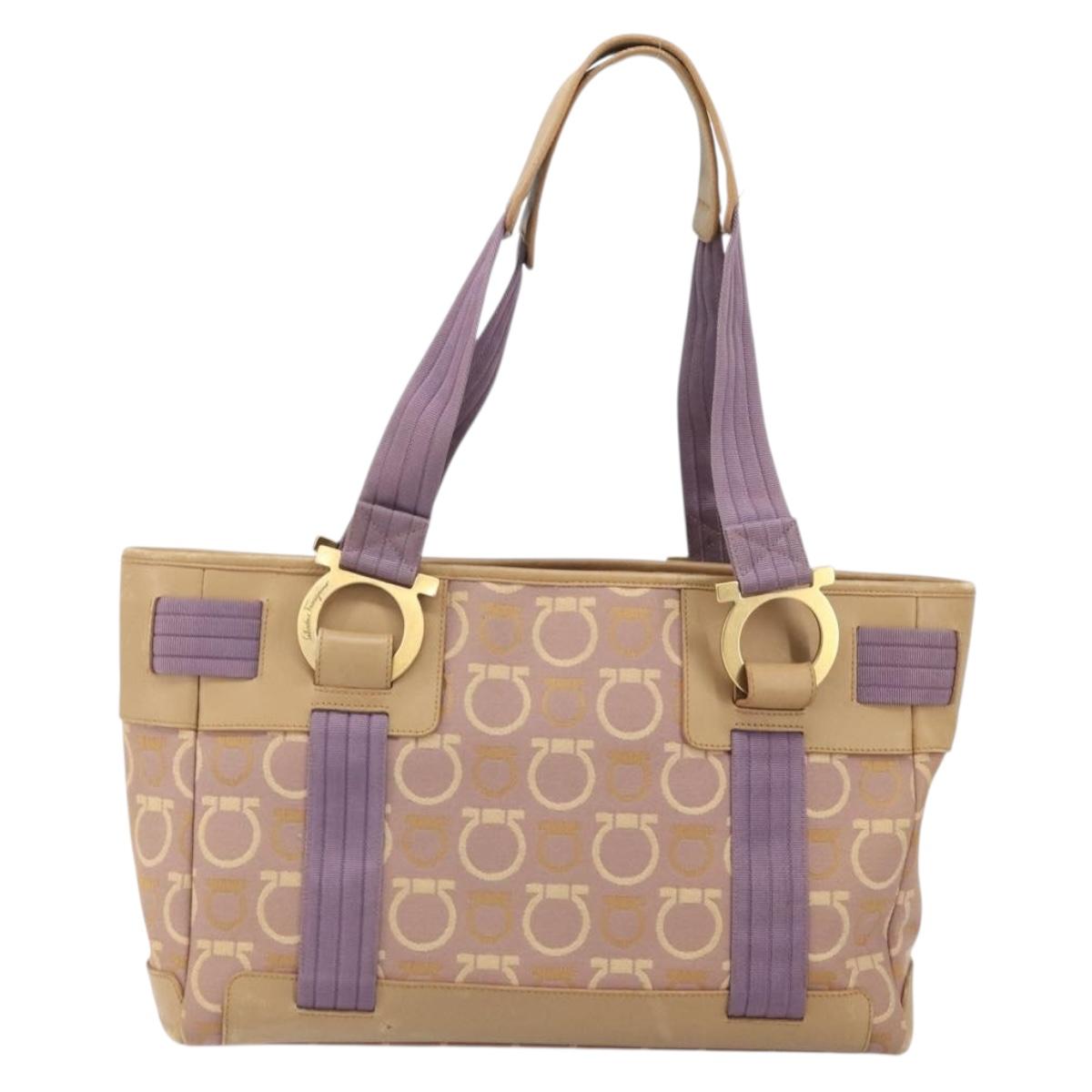 Salvatore Ferragamo Gancini Tote Bag Canvas Purple Gold Auth BA10562
